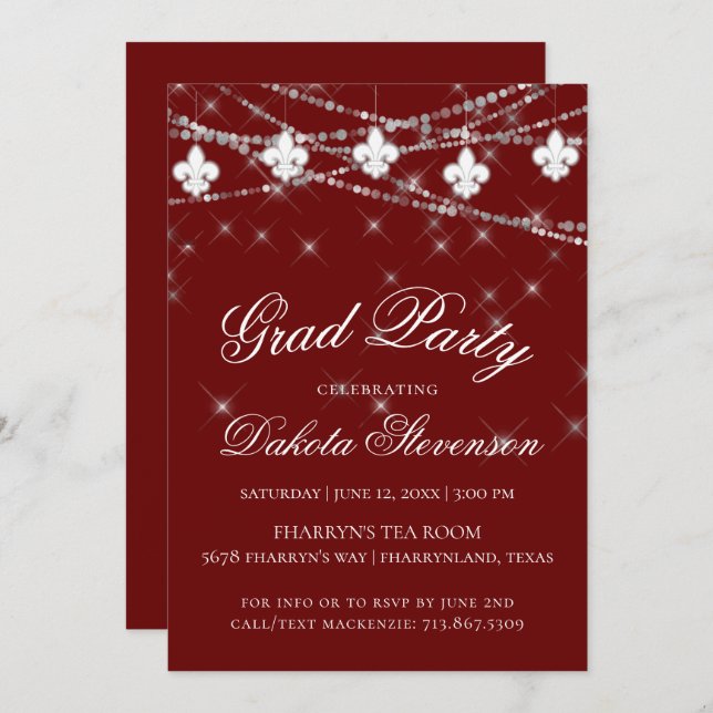 Convites Fleur de Lis | Festa de formatura Tema Vermelho (Frente/Verso)
