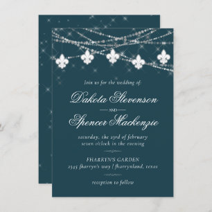 Convites Fleur de Lis Teal Lights Casamento Moody Dark
