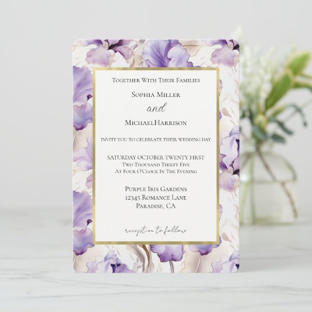 Convites Fleurs d'Iris Crème Violet Lavande Mariage (Em pé/Frente)