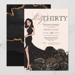 Convites Flirty Trinta Glam Black e Rosa Dourado aniversári