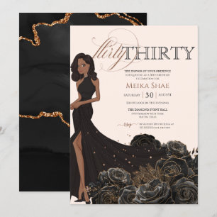 Convites Flirty Trinta Glam Black e Rosa Dourado aniversári