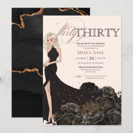 Convites Flirty Trinta Glam Black e Rosa Dourado aniversári