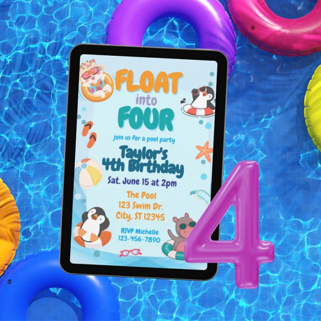 Convites Float into Four, Pool Animals 4th Birthday (Criador carregado)