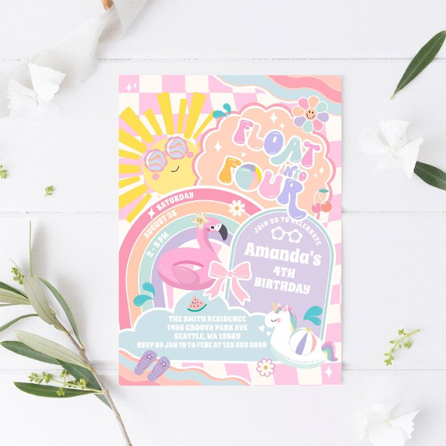 Convites Float Into Four Pool Party Rainbow 4th Birthday (Criador carregado)