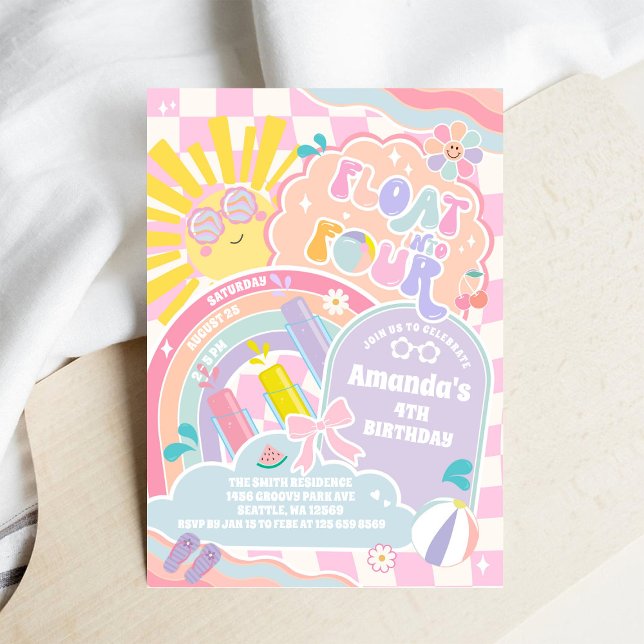 Convites Float Into Four Sun Rainbow Disco 4th Birthday (Criador carregado)