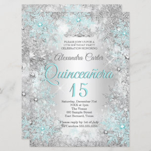 Convites Floco de neve 15 de Quinceanera Foto Silver Teal B
