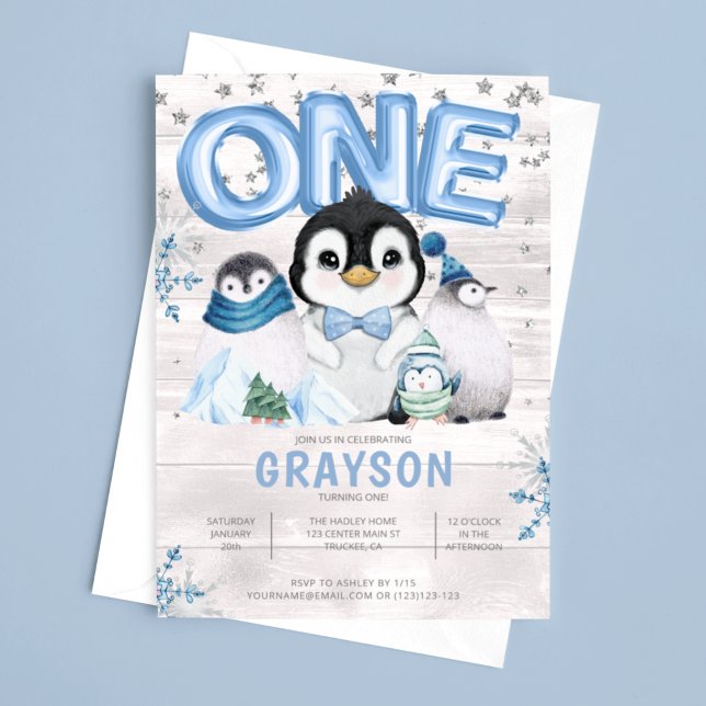 Convites Floco de neve azul primeiro aniversario de inverno (Criador carregado)