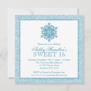 Convites Floco de Neve Brilhante Azul Doce 16 Inverno Encan