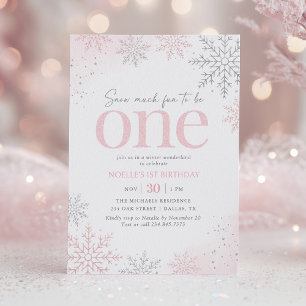 Convites Floco de Neve Brilho Rosa Aniversário de 1 ano