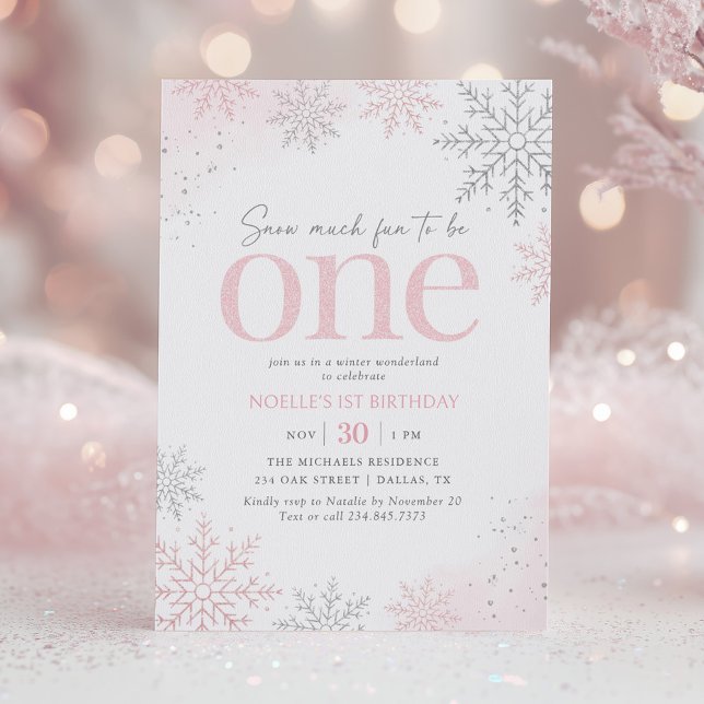 Convites Floco de Neve Brilho Rosa Aniversário de 1 ano (Criador carregado)