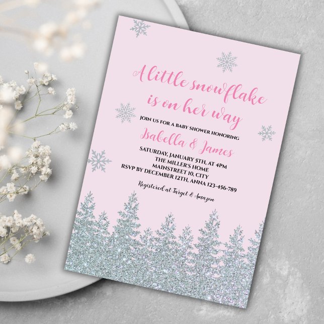Convites Floco de neve Chá de Winter Baby Girl (winter baby girl shower invitation pink woodland silver glitter little snowflake on the way)