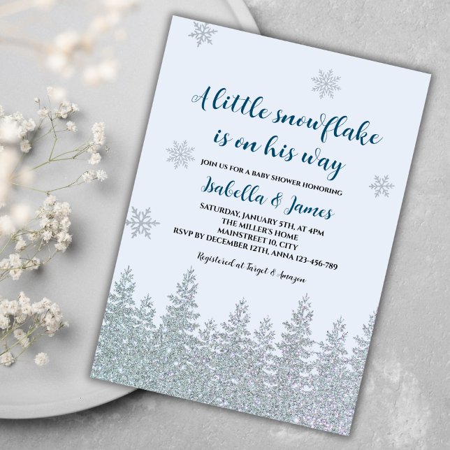 Convites Floco de neve Chá do Winter Baby Boy Woodland (winter baby boy shower invitation blue woodland silver glitter little snowflake on the way)