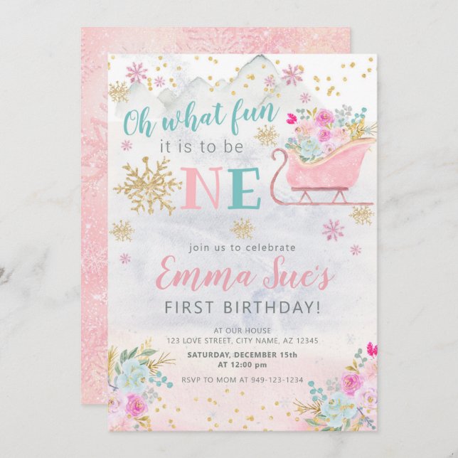 Convites Floco de neve cor-de-rosa-inverno Oh Que divertido (Frente/Verso)