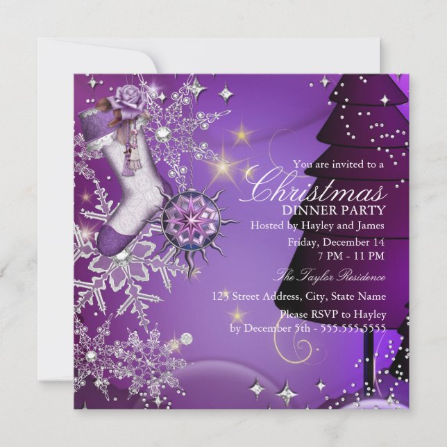 Convites Floco de Neve de Cristal Roxo Jantar de Natal 4 (Frente)