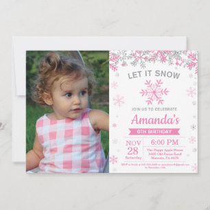 Convites Floco de Neve de Inverno Rosa e Prata Aniversário 