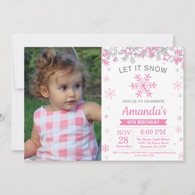 Convites Floco de Neve de Inverno Rosa e Prata Aniversário  (Frente)