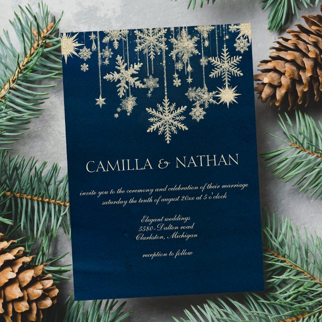 Convites Floco de neve de ouro azul Maravilha de inverno Ca (Blue gold snowflake winter wonderland Wedding )