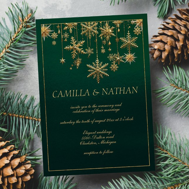 Convites Floco de neve de ouro verde Maravilha de inverno C (Green gold snowflake winter wonderland Wedding)