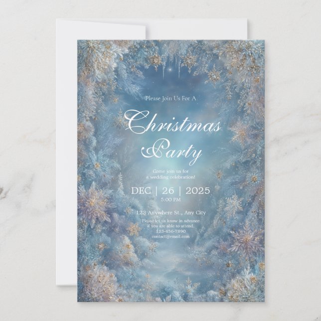 Convites Floco de Neve Dourado Azul Gélido Floral Casamento (Frente)