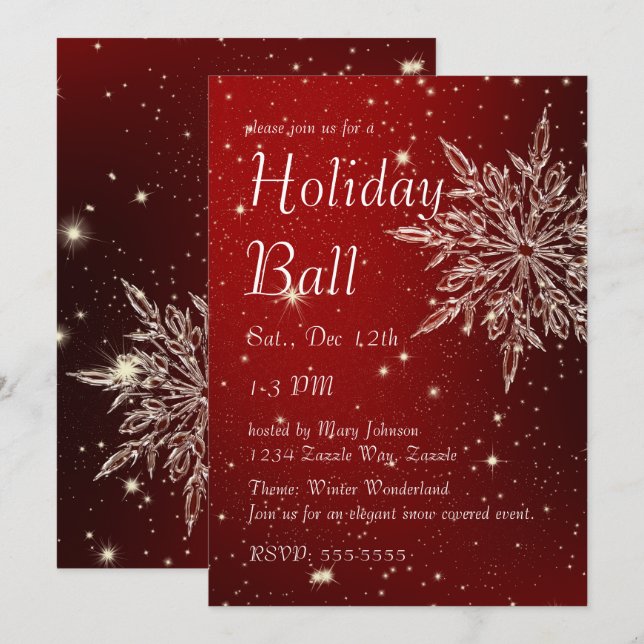 Convites Floco de neve elegante em Red Ball (Frente/Verso)