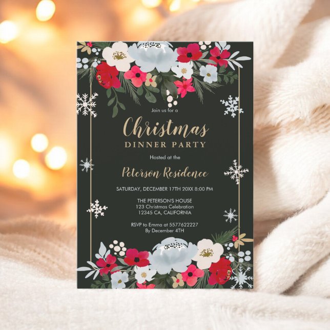 Convites Floco de neve floral verde-Dourado Natal (Gold Red Green floral snowflake Christmas Invitation)