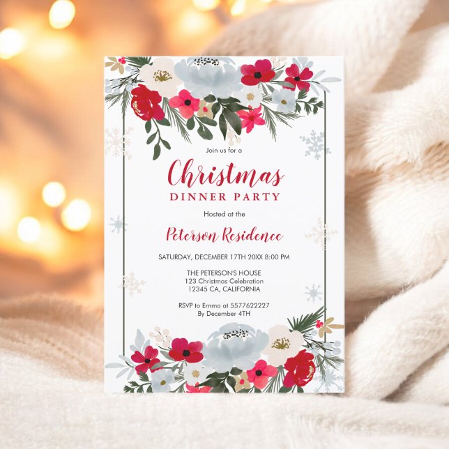 Convites Floco de neve floral verde-elegante Natal (Elegant Red Green floral snowflake Christmas Invitation)