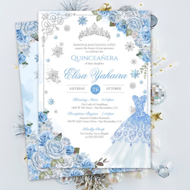 Convites Floco de Neve Inverno Ice Blue Silver Quinceañera (Criador carregado)