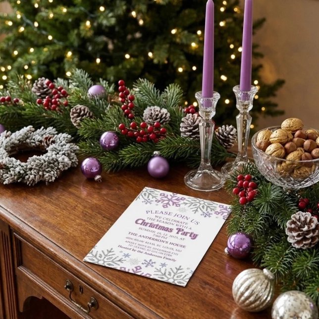 Convites Floco de Neve Natal Roxo Prata (Criador carregado)