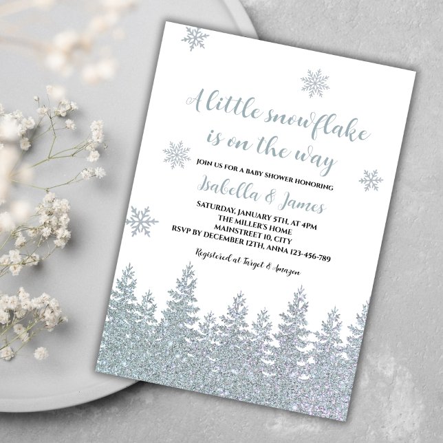 Convites Floco de neve pequeno Chá de fraldas de inverno (winter baby shower invitation gender neutral woodland silver glitter little snowflake on the way)