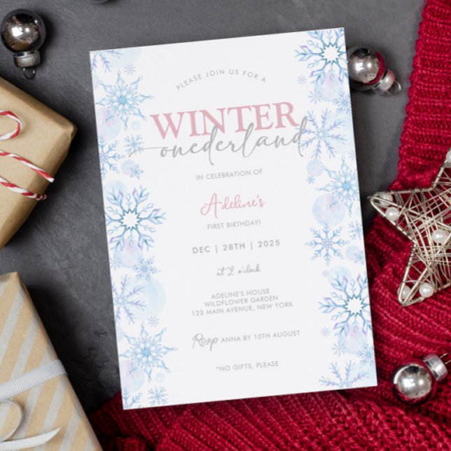 Convites Floco de neve primeiro aniversario de Winter Onede (Winter Onederland Invitations for Girl Snowflake 1st birthday invitation template cute and easy edit)
