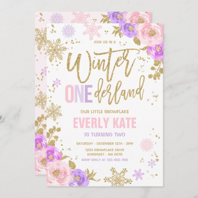 Convites Floco de neve rosa Dourado de Birthday Birthday (Frente/Verso)