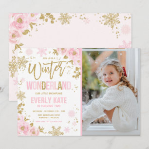Convites Floco de neve rosa Dourado de Birthday Wonderland 