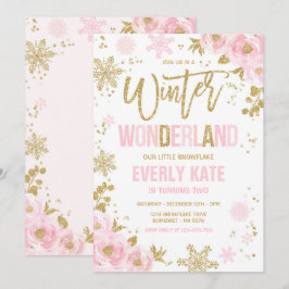 Convites Floco de neve rosa Dourado de Birthday Wonderland 