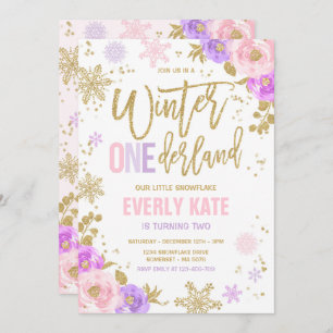Convites Floco de neve rosa Dourado de inverno ONE derland 