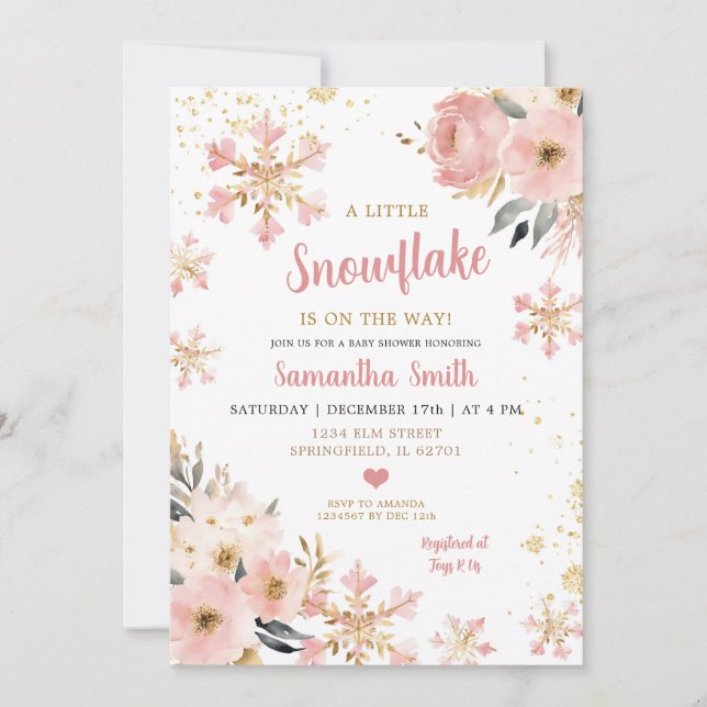Convites Floco de neve rosa no caminho do Chá de Natal (Frente)