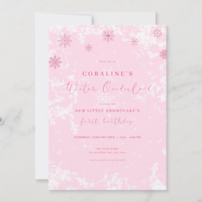 Convites Floco de neve rosa Winter Onederland Birthday Invi (Frente)