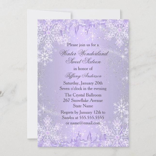 Convites Floco de neve roxo Wonderland Sweet 16 Invite (Frente)