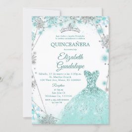 Convites Floco de neve verde Teal Silver Winter Quinceanera
