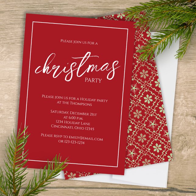 Convites Floco de Neve Vermelho Elegante do Partido Natal M (Simple green snowflake Christmas party invitation with a red background. )