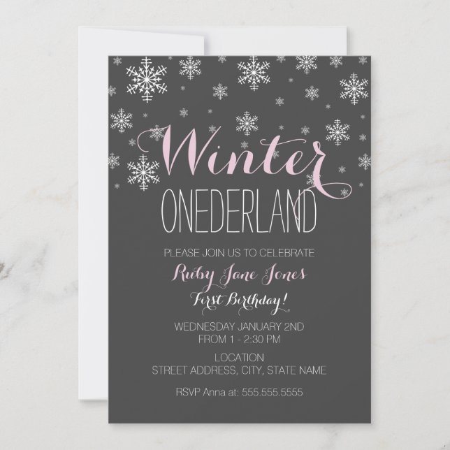 Convites Floco de neve Winter Onederland First Birday Pink (Frente)