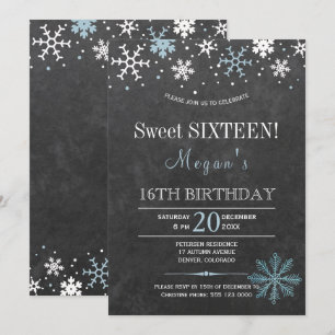 Convites Flocos de neve azuis brancos chiques sweet sixteen