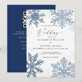 Convites Flocos de neve azuis elegantes Código QR Casamento