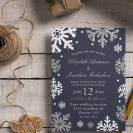 Convites Flocos de Neve Azuis Marinho Casamento de Inverno