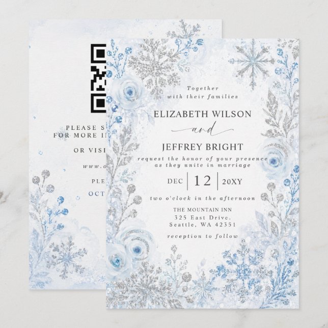 Convites Flocos de Neve Azuis Prateados Casamento Código QR (Frente/Verso)