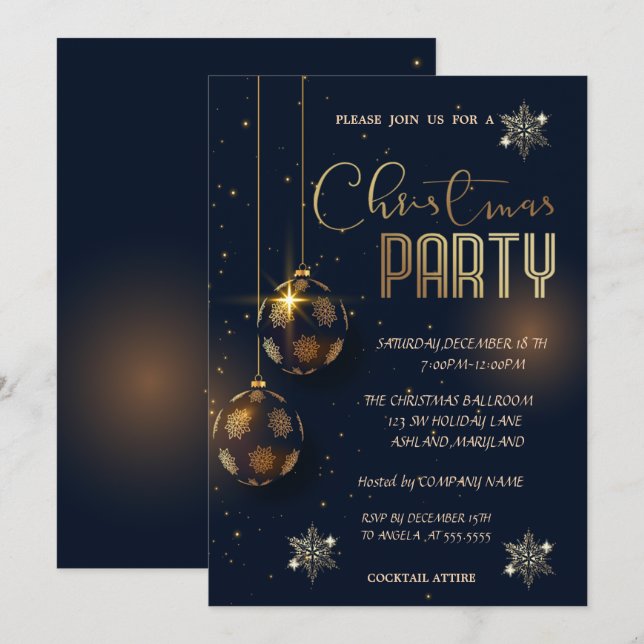 Convites Flocos de Neve Bolas Douradas Corporação de Natal (Frente/Verso)