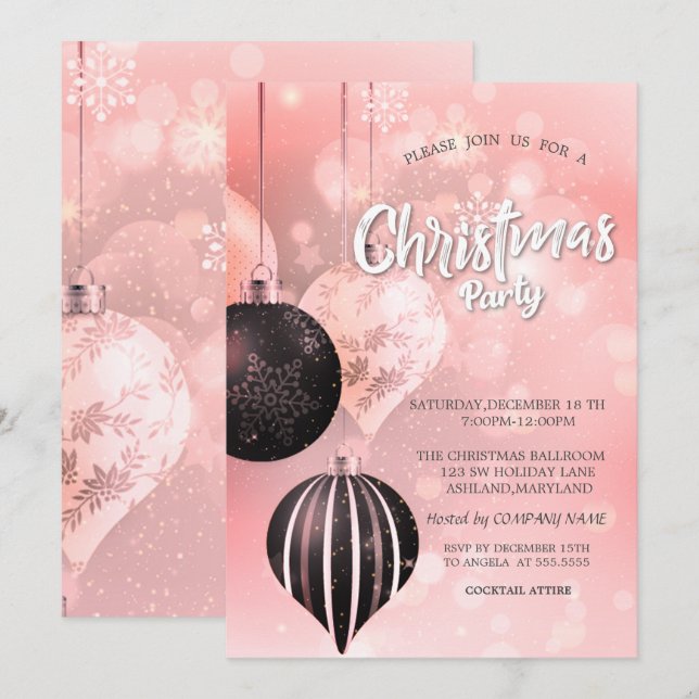 Convites Flocos de Neve,Bolas Vermelhas Companhia de Natal (Frente/Verso)