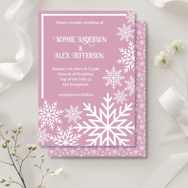 Convites Flocos de neve brancos casamentos no inverno cor-d (Winter wedding white snowflakes pink invitation)