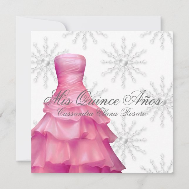 Convites Flocos de Neve Brancos Rosa Quinceanera (Frente)