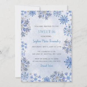 Convites Flocos de Neve Brilho Prata Azul Inverno Doce 16