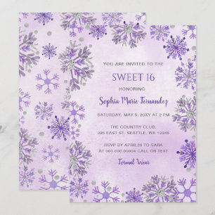 Convites Flocos de Neve Brilho Prata Roxo Inverno Sweet 16